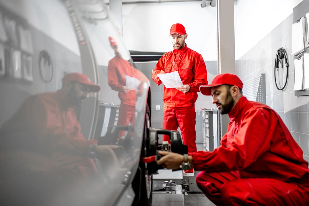 auto mechanic in red uniform fixing disk for wheel alignment at the car service